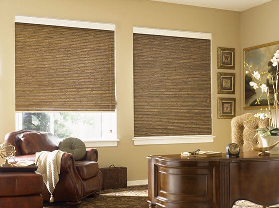 Beautiful Wood Shades Offered by JoDiMor wood blinds on two windows side by side, one blind pulled all the way down, the other pulled 3/4 of the way down